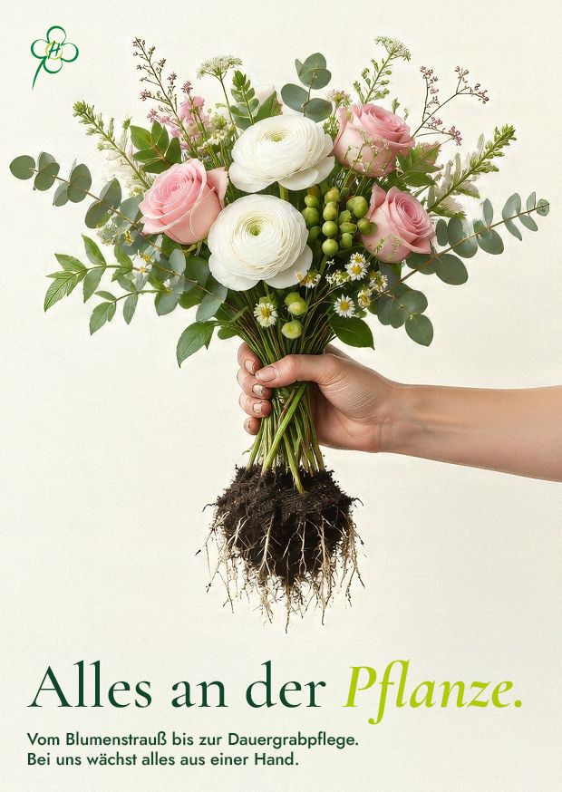 Anzeige der Friedhofsgärtnerei Hilligardt: Eine Hand hält einen Strauß aus rosa Rosen, weißen Ranunkeln und Eukalyptus, unten hängen Erde und Wurzeln. Darunter steht: Alles an der Pflanze. Vom Blumenstrauß bis zur Dauergrabpflege. Bei uns wächst alles aus einer Hand.