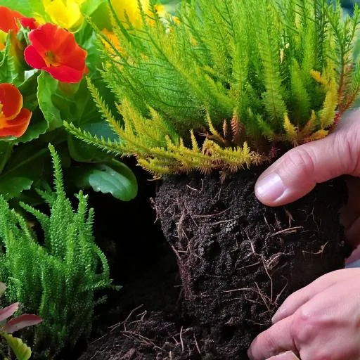 Zwei Hände setzen eine Pflanze zwischen bunte Blüten in die Erde